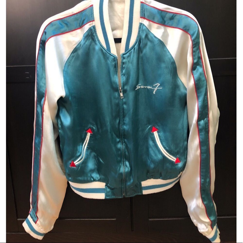 7 for all Mankind Vintage Aquamarine Embroidered Tiger Satin Bomber Jacket